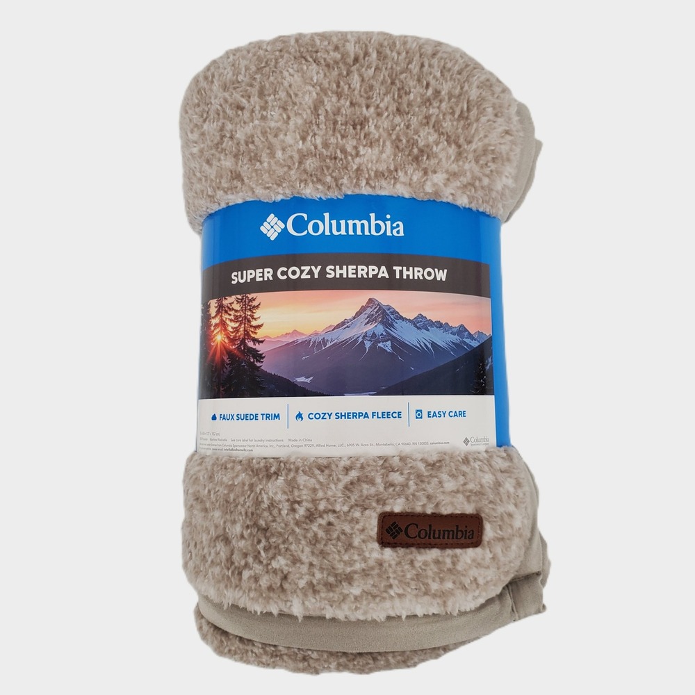 Columbia Super Cozy Sherpa Throw Blanket Tan Faux Suede Trim 50x60 DT001508A New